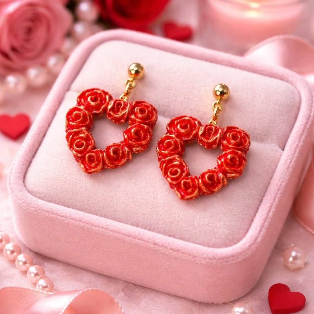 Artisan Crafted Heart-Shaped Rose Earrings Polymer Clay Boho